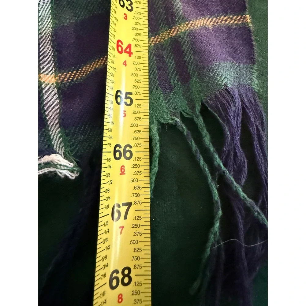 100% Cashmere Plaid Scarf Green Blue Yellow Fringe 12x66